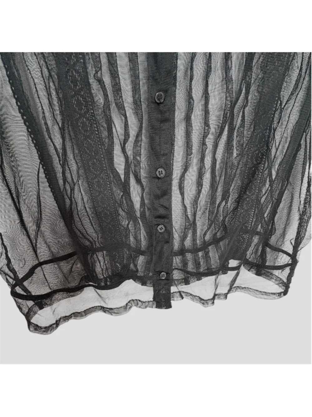 Vintage Black Mesh Pin-Tuck Lace Blouse M Back Ruffle Neck Whimsigoth Fairy Goth - Picture 13 of 16